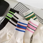 Fashion Striped Socks Women Korea Harajuku Street Hip Hop Skateboard Mid Tube Socks Cute Cnady Color Breathable Cotton Socks