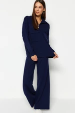 Trendyol Navy Blue Wide Fit Zippered and Pocketed Knitwear Bottom-Top Set