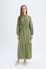 DEFACTO Shirt Collar Basic Plain Buttoned Waist Gathered Long Sleeve Maxi Dress