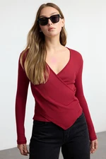 Trendyol Claret Red Fitted Double Breasted Neck Long Sleeve Ribbed Stretchy Knitted Blouse