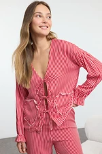 Trendyol Red Tie Detailed Striped Viscose Woven Pajama Set