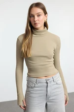 Trendyol Stone Fitted Turtleneck Finger Detailed Ribbed Stretchy Knitted Blouse