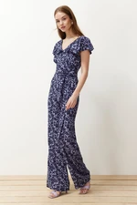 Trendyol Purple Floral Patterned Flywheel Detailed Viscose Maxi Woven Jumpsuit