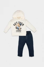 DEFACTO Baby Boy Bear Printed Hooded Sweatshirt Jean Pants 2-Piece Set