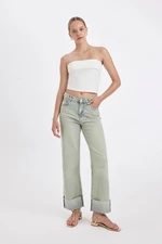 DEFACTO Straight Fit High Waist Folded Leg Ankle Length Jean Washed Trousers