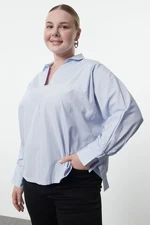 Trendyol Curve Blue White Striped Basic Long Sleeve Elastic Back Woven Plus Size Blouse