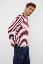 Trendyol Claret Red Oversize/Wide Cut Striped Crew Neck Long Sleeve Cotton T-Shirt