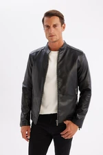 DEFACTO Slim Fit Stand Collar Lined Faux Leather Coat