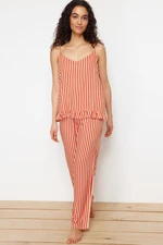 Trendyol Orange-Multi-Colored Striped Ruffle Detailed Viscose Woven Pajama Set with Rope Straps