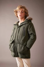 DEFACTO Boy&#39;s Hooded Water Repellent Plush Lining Long Coat