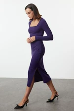 Trendyol Purple Ribbed Square Neck Fitted Long Sleeve Slit Midi Dress