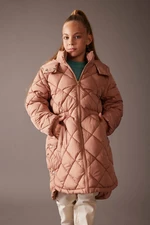 DEFACTO Girl&#39;s Water Repellent Hooded Quilted Long Coat