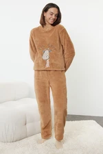 Trendyol Light Brown Animal Embroidered Wellsoft Winter Knitted Pajama Set