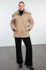 Trendyol Curve Beige Regular Fit Coat with Fur Detail on Collar