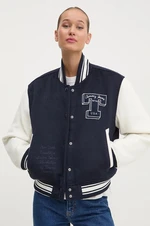 Bunda bomber s prímesou vlny Tommy Jeans tmavomodrá farba, prechodná, DW0DW18845