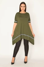 Şans Women's Plus Size Khaki Stripe Detailed Asymmetrical Tunic