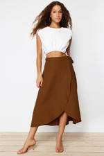 Trendyol Camel Double Breasted Closure Tie Detailed Midi Woven Skirt