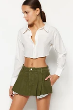 Trendyol Khaki Pleated Mini Denim Shorts Skirt