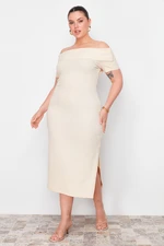 Trendyol Curve Beige Fitted Carmen Collar Ribbed Soft Textured Midi Stretch Knit Dress