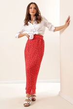 By Saygı Elastic Waist Lined Heart Patterned Pleated Long Chiffon Skirt