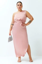 Trendyol Curve Pink Satin Chic Asymmetrical Single Sleeve Long Woven Dress