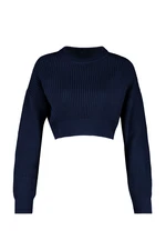 Trendyol Navy Blue Super Crop Crew nyakú kötöttáru pulóver