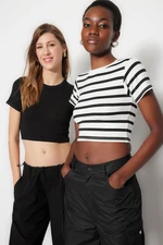 Trendyol Premium Black-Ecru Black Striped 2-Pack Viscous/Soft Fabric Crop Stretchy Knitted Blouse