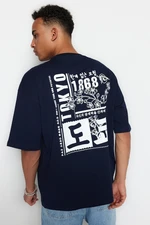 Trendyol Navy Blue Oversize/Wide Cut Headlight East Printed Short Sleeve 100% T-Shirt