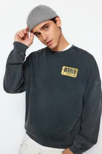 Trendyol Anthracite Oversize/Wide Cut Distressed/Faded Effect Back Printed Cotton Sweatshirt