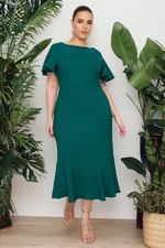 Trendyol Curve Tmavě zelené tkané šaty Finike ve větších velikostech