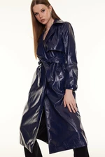 Trendyol Navy Blue Oversize Wide Cut Patent Leather Trench Coat