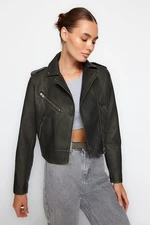 Trendyol Anthracite Aged Detailed Faux Leather Biker Jacket Coat