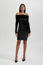 DEFACTO Bodycon Bodycon Basic Plain Off Shoulder Long Sleeve Velour Black Mini Dress