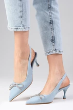 Mio Gusto Alexis Ice Blue Color Denim Fabric Open Back Stone Bow Women's High Heels Shoes