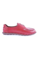 DGN 601-23y Women's Sewing Detailed Front Lace Up Loafer Shoes Red Genuine Leather