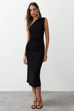 Trendyol Black One Shoulder Draped Fitted Flexible Knitted Midi Pencil Dress