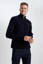 DEFACTO Navy Blue Standard Fit Regular Cut Bato Collar Zippered Basic Plain Knitwear Sweater