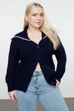 Trendyol Curve Navy Blue Sailor Collar Buttoned Knitwear Cardigan