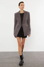 Trendyol Gray Button Detailed Lined Fitted Waist Patterned Woven Blazer Jacket