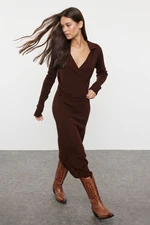 Trendyol Brown Midi Knitwear Straight Double Breasted Dress