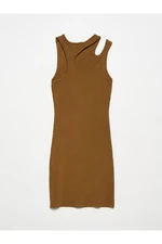 Dilvin 90142 Crew Neck Left Shoulder Decollete Knitwear Dress-Khaki