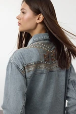 Trendyol Blue Embroidery and Accessory Detailed Oversize Denim Jacket