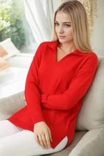 83295 Dewberry Polo Neck Long Sleeve Slit Sweater-RED