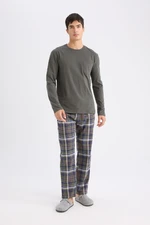 DEFACTO Men's Pajama Set Regular Fit Long Sleeve Basic Plain Top Plaid Bottom