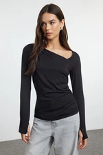 Trendyol Black Soft Touch/Soft Fabric Fitted Asymmetrical Collar Stretchy Knitted Blouse