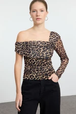 Trendyol Brown Leopard Printed Asymmetric Collar Body-Smoothing Flexible Knitted Blouse