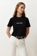 Trendyol Black 100% Cotton Slogan Printed Regular Crop Knitted T-Shirt