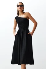 Trendyol Black Waist Opening Top Size Gipeli One Shoulder Midi Woven Dress