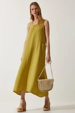 Happiness İstanbul Women's Oil Green Wide Pocket Summer Muslin Dress