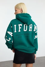 Trendyol Emerald Green Slogan Printed Oversize/Wide Fit Thick Inside Fleece Knitted Sweatshirt